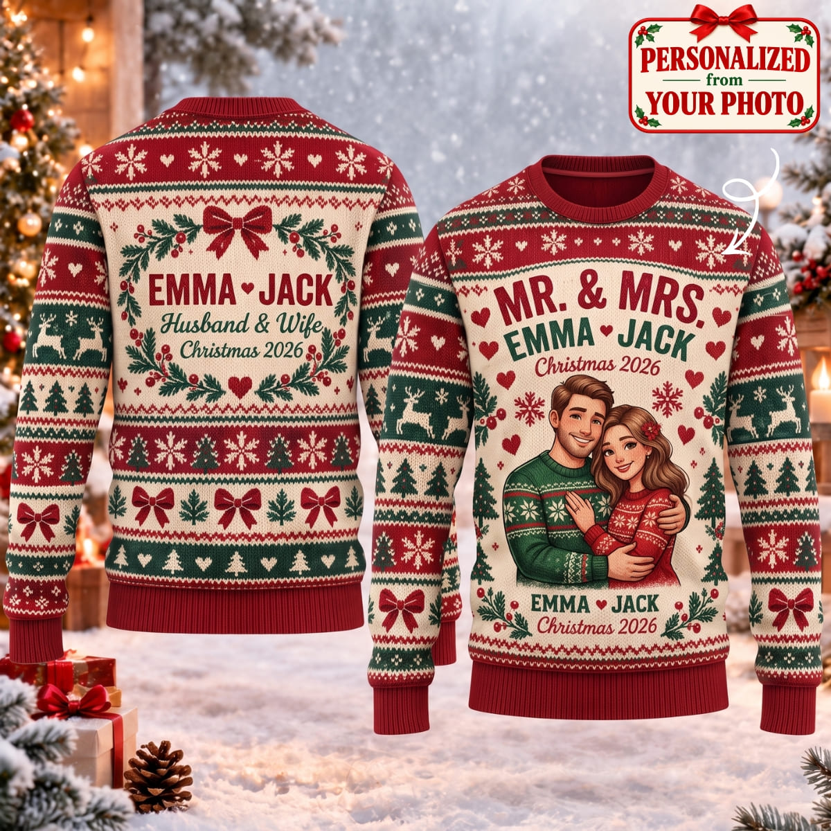 Personalized Husband & Wife Christmas Ugly Sweater - Custom Photo & Names | Christmas Gift | UGS01 Couples