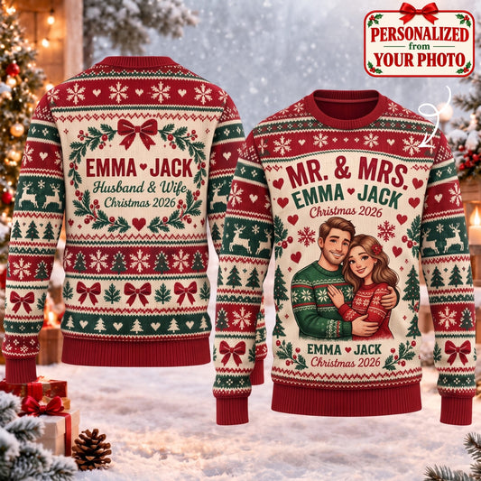 Personalized Husband & Wife Christmas Ugly Sweater - Custom Photo & Names | Christmas Gift | UGS01 Couples