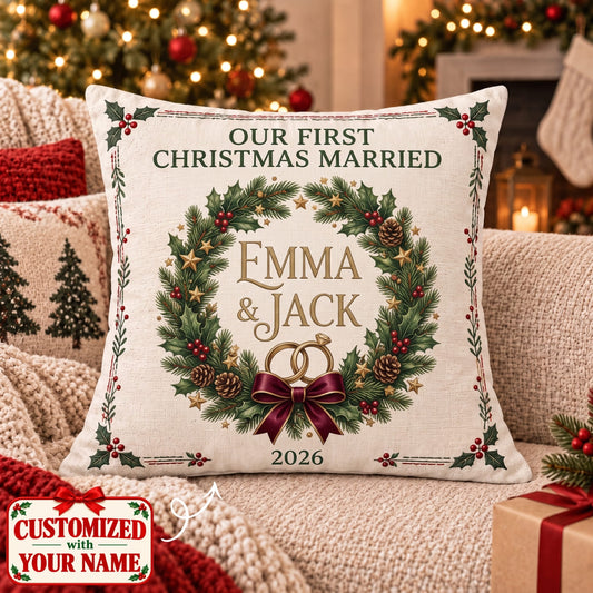 Personalized Our First Christmas Engaged Pillow - Custom Name | Christmas Gift | HPL01 Couples