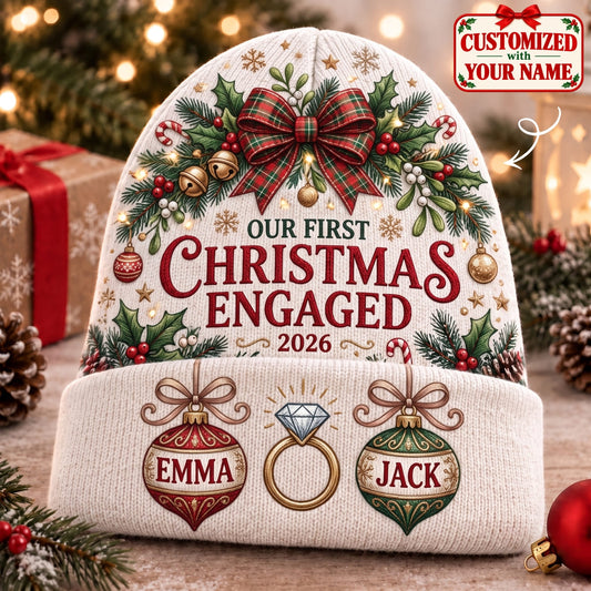 Personalized Our First Christmas Engaged Knitted Hat - Custom Name | Christmas Gift | ML01 Couples