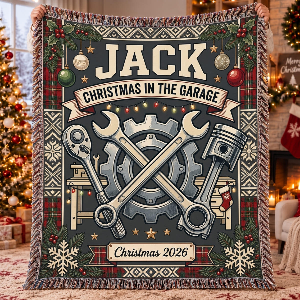 Personalized Christmas In The Garage Woven Blanket - Custom Name | Christmas Gift | WBL01 Occupations