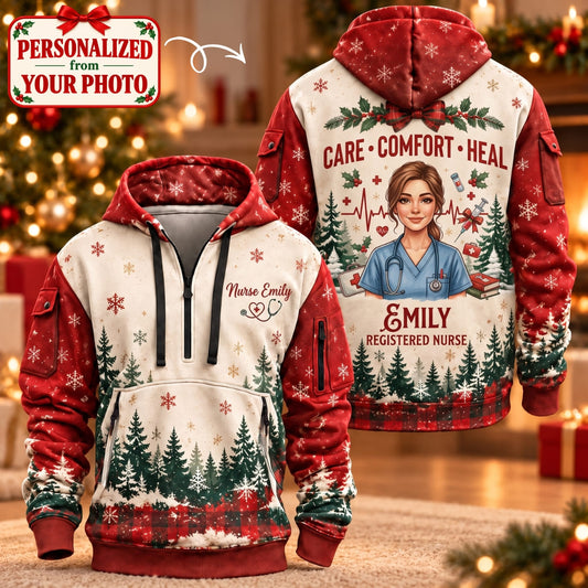 Personalized Nurse Christmas Quarter Zipper Hoodie - Custom Photo & Name | Christmas Gift | HDZ01 Occupations