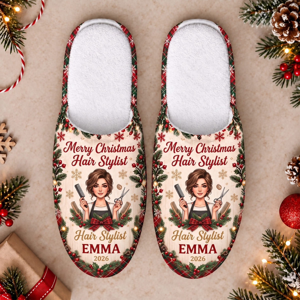 Personalized Merry Christmas Hair Stylist Slippers - Custom Photo & Name | Christmas Gift | SLP01 Occupations
