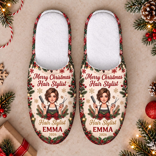 Personalized Merry Christmas Hair Stylist Slippers - Custom Photo & Name | Christmas Gift | SLP01 Occupations