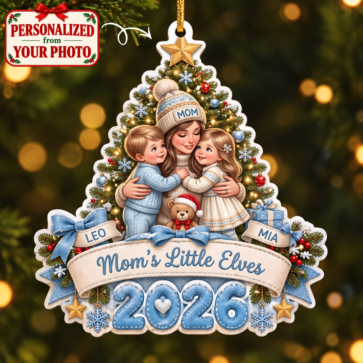(Made In The USA) Personalized Mom's Little Elves Blue Christmas Ornament - Custom Photo & Name | Christmas Gift | ONM04 Family