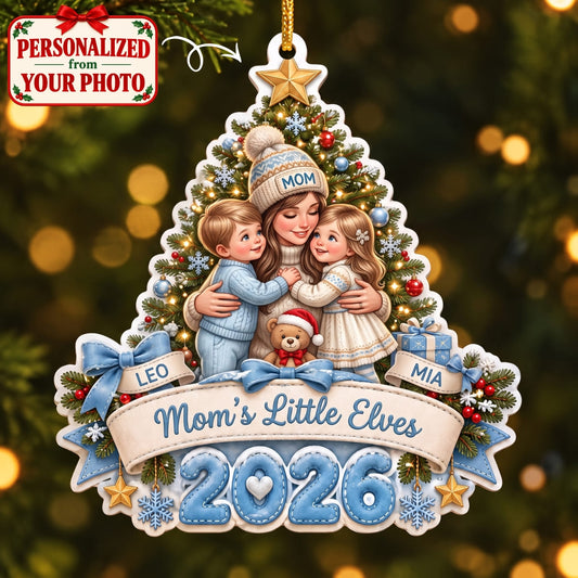 (Made In The USA) Personalized Mom's Little Elves Blue Christmas Ornament - Custom Photo & Name | Christmas Gift | ONM04 Family