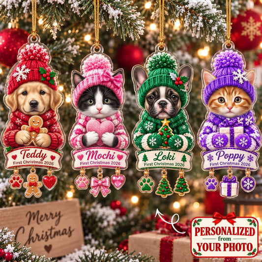 (Made In The USA) Personalized Pet First Christmas Ornament - Custom Photo & Name | Christmas Gift | ONM05 Pets