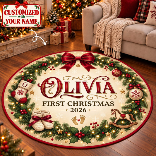 Personalized Baby's First Christmas Round Rug - Custom Name | Christmas Gift | RRD01 Family