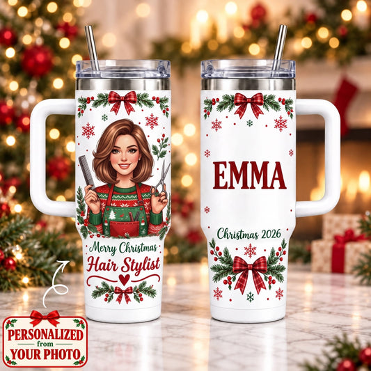 Personalized Hair Stylist Christmas 40oz Tumbler with Handle – Custom Photo & Names | Christmas Gift | TBL01 Occupations