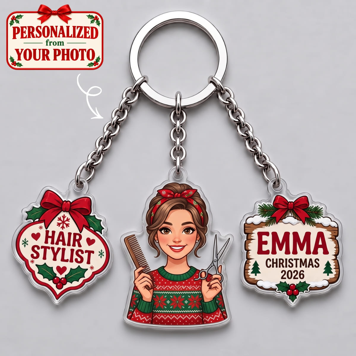 Personalized Hair Stylist Christmas Triple Charm Keychain - Custom Photo & Names | Christmas Gift | KC01 Occupations