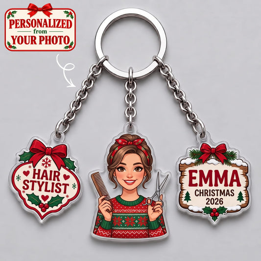 Personalized Hair Stylist Christmas Triple Charm Keychain - Custom Photo & Names | Christmas Gift | KC01 Occupations