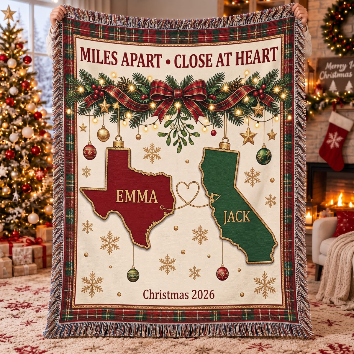 Personalized Miles Apart - Close At Heart Woven Blanket - Custom Name | Christmas Gift | WBL01 Couples