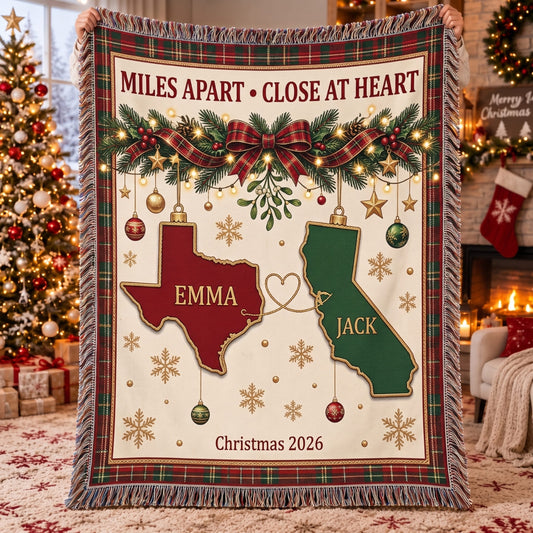 Personalized Miles Apart - Close At Heart Woven Blanket - Custom Name | Christmas Gift | WBL01 Couples
