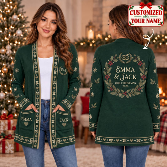 Personalized Couples Our Christmas Long Sleeve Cardigan - Custom Name | Christmas Gift | CDG01 Couples