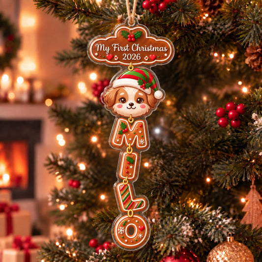 (Made In The USA) Personalized Pet My First Christmas Vertical Drop Acrylic Ornament - Custom Photo & Name | Christmas Gift | ONM03 Pets