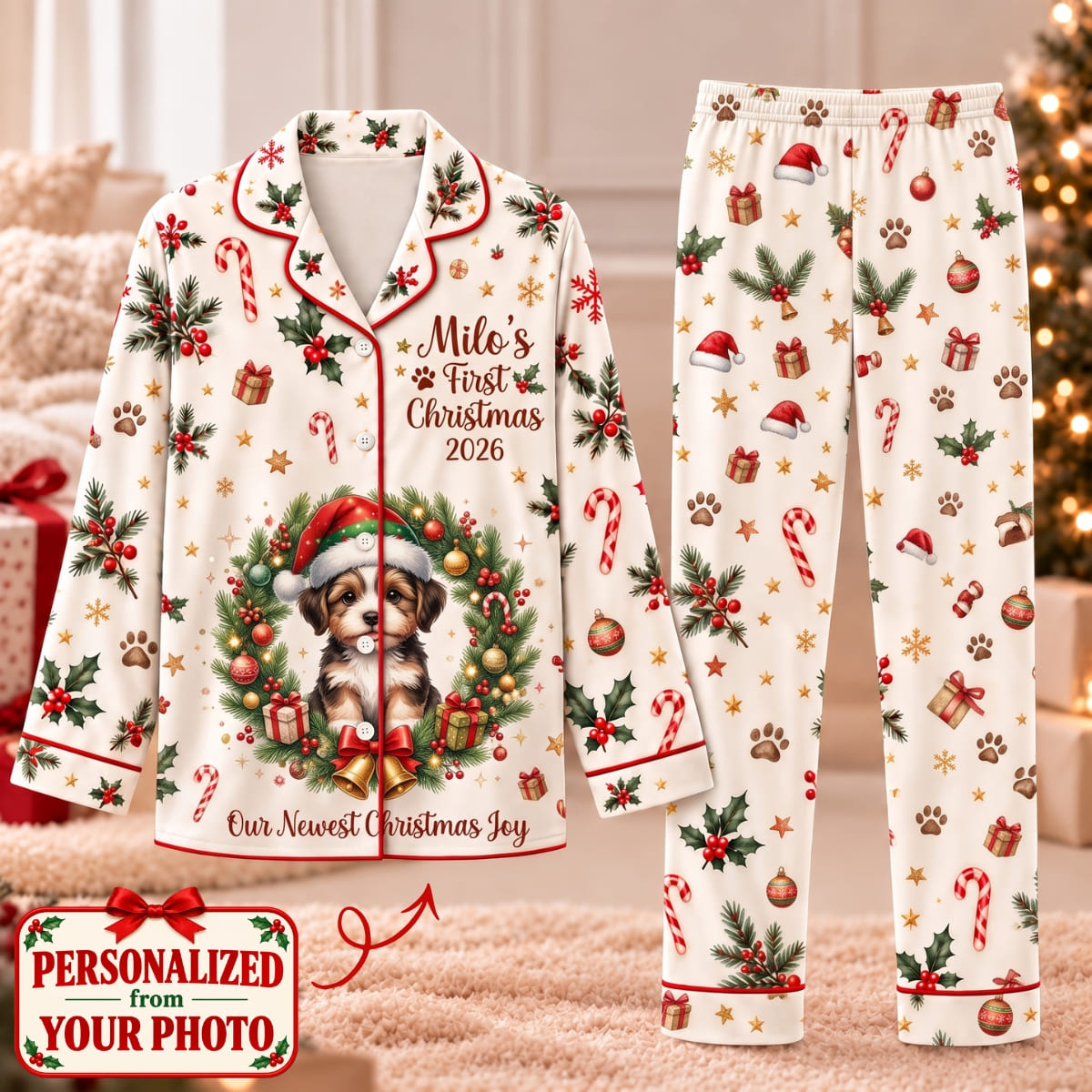 Personalized Pet First Christmas Long Pajama Set - Custom Photo & Name | Christmas Gift | PYM01 Pets
