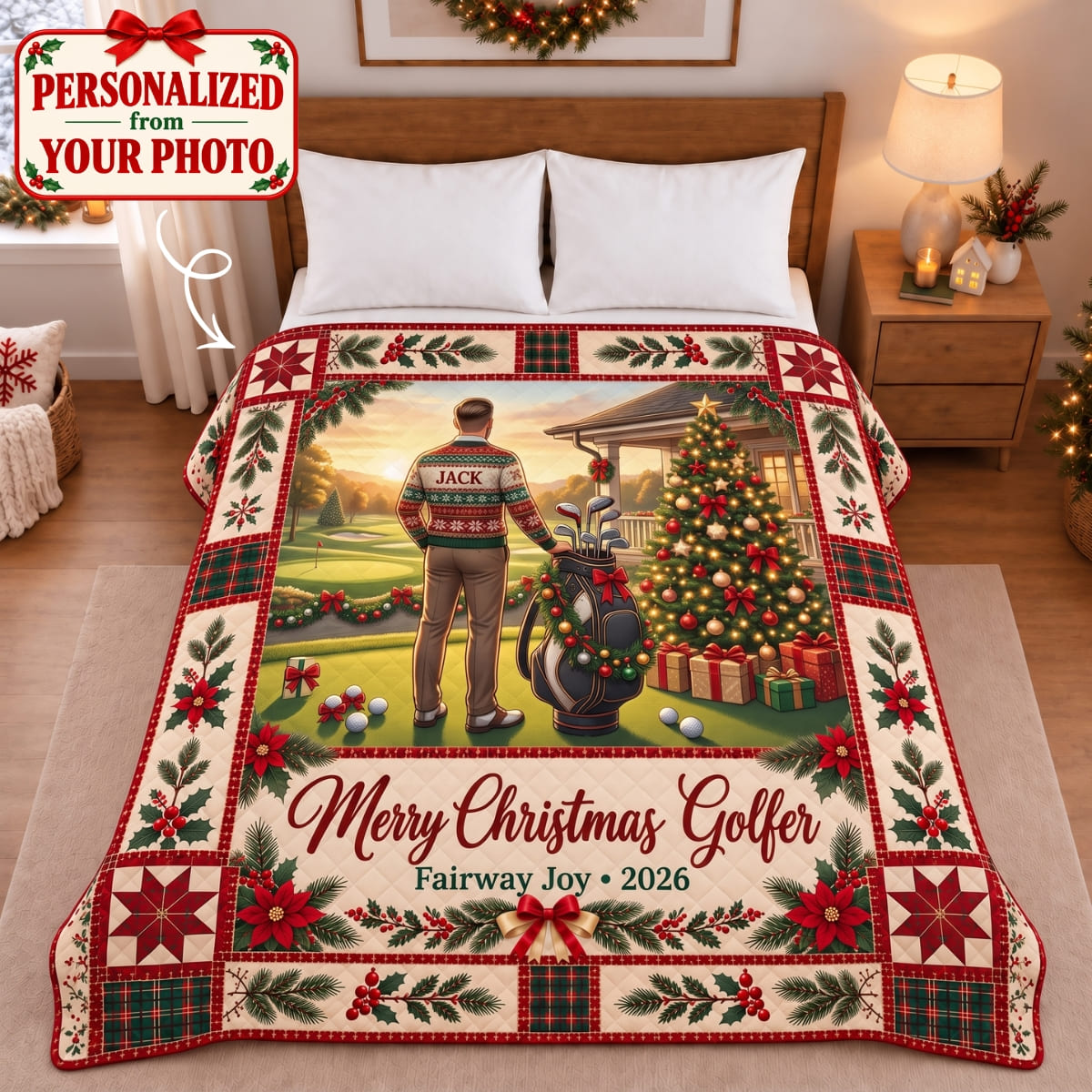 Personalized Merry Christmas Golfer Quilted Blanket - Custom Photo & Name | Christmas Gift | QBL01 Hobbies & Lifestyle