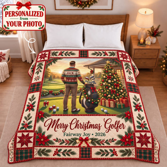 Personalized Merry Christmas Golfer Quilted Blanket - Custom Photo & Name | Christmas Gift | QBL01 Hobbies & Lifestyle