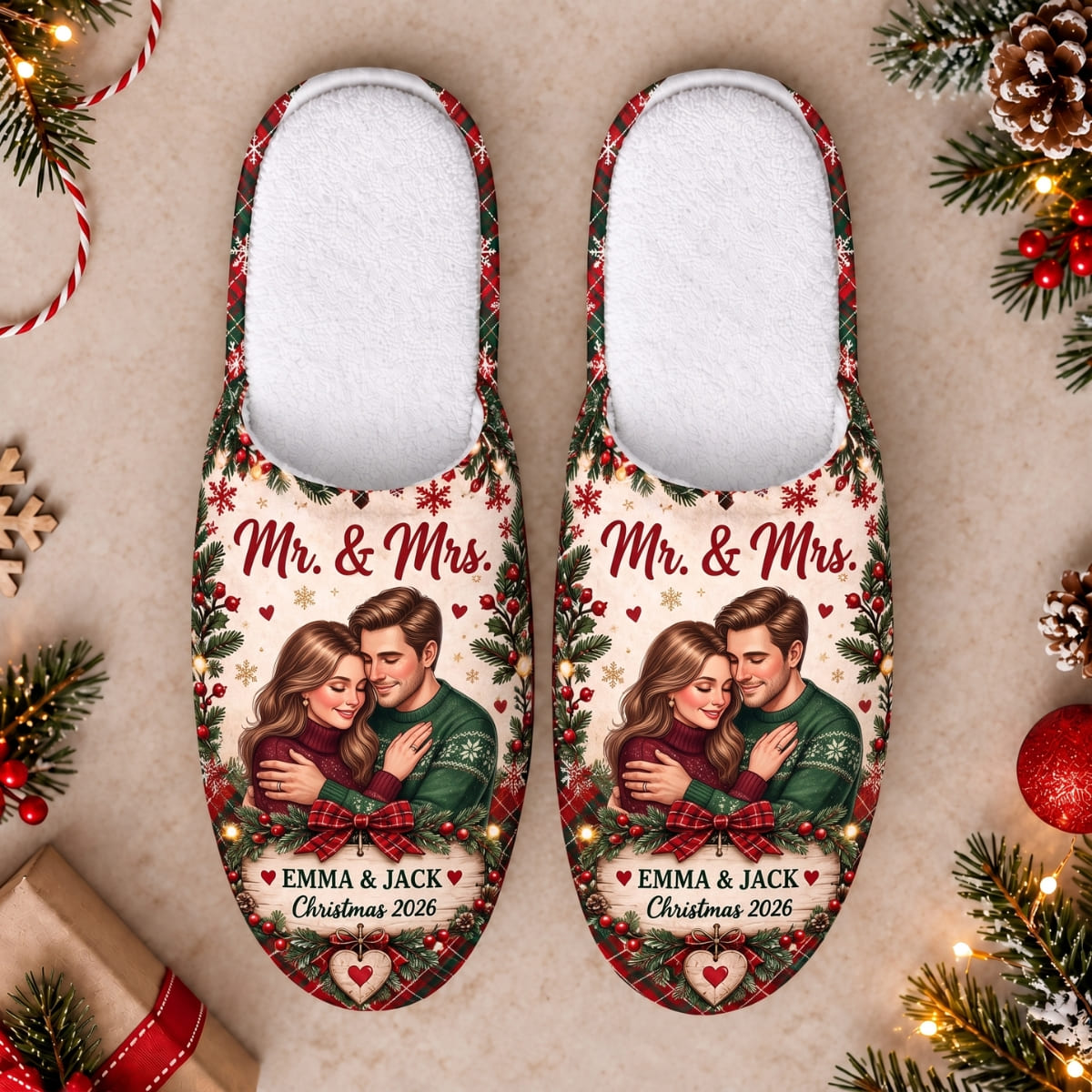 Personalized Mr. & Mrs. Christmas Slippers - Custom Photo & Name | Christmas Gift | SLP01 Couples