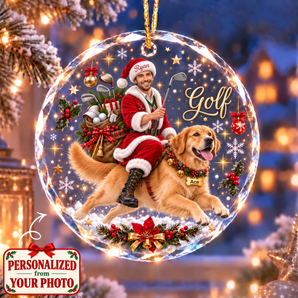 (Made In The USA) Personalized Golfer & Pet Christmas Round Glass Ornament - Custom Photo, Name & Pet | Christmas Gift | ONM01 Hobbies & Lifestyle