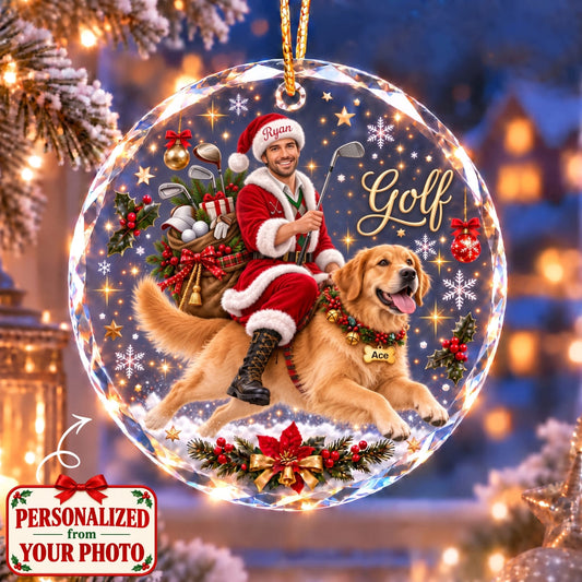 (Made In The USA) Personalized Golfer & Pet Christmas Round Glass Ornament - Custom Photo, Name & Pet | Christmas Gift | ONM01 Hobbies & Lifestyle