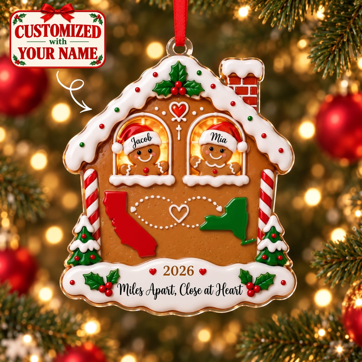 (Made In The USA) Personalized Miles Apart - Close At Heart Christmas Gingerbread House Acrylic Ornament - Custom Name | Christmas Gift | ONM02 Couples