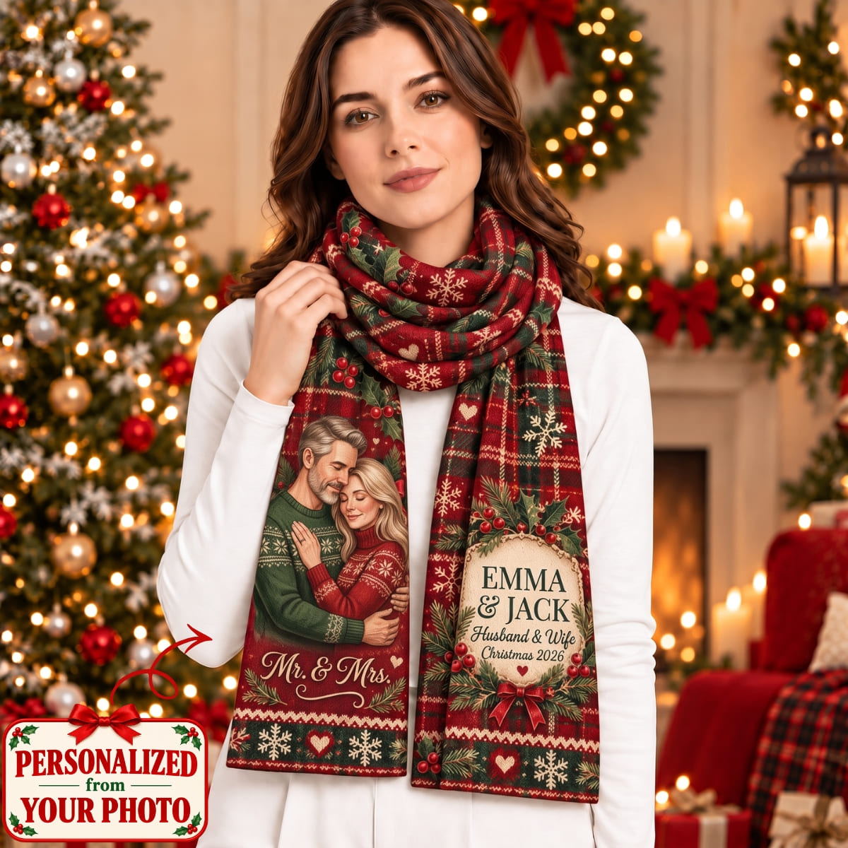 Personalized Husband & Wife Christmas Scarf - Custom Photo & Names | Christmas Gift | SCT01 Couples