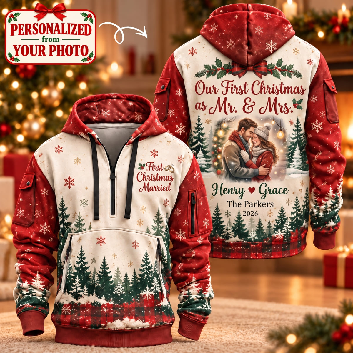 Personalized Our First Christmas As Mr. & Mrs. Quarter Zipper Hoodie - Custom Photo & Name | Christmas Gift | HDZ01 Couples