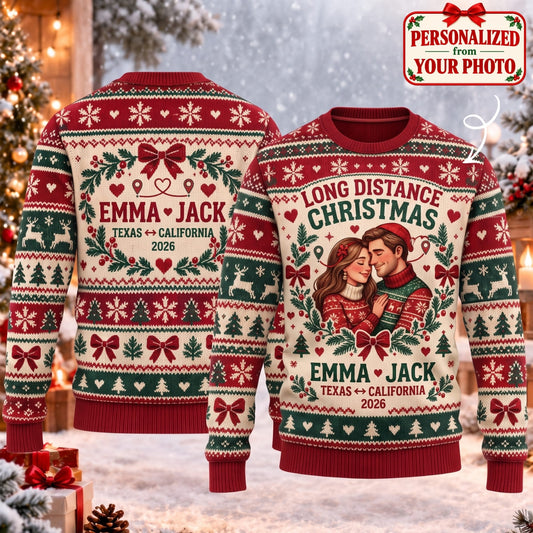 Personalized Long Distance Christmas Ugly Sweater - Custom Photo & Names | Christmas Gift | UGS01 Couples