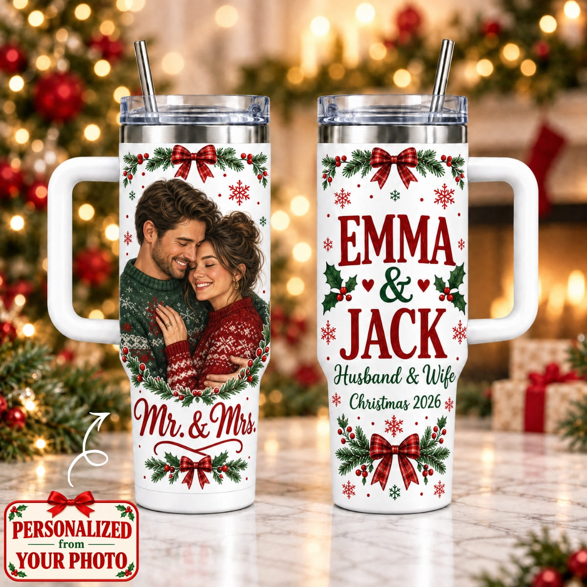 Personalized Mr & Mrs Christmas 40oz Tumbler with Handle – Custom Photo & Names | Christmas Gift | TBL01 Couples