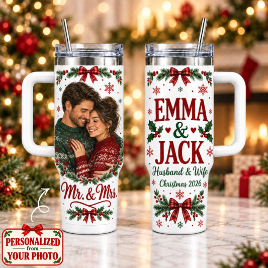 Personalized Mr & Mrs Christmas 40oz Tumbler with Handle – Custom Photo & Names | Christmas Gift | TBL01 Couples