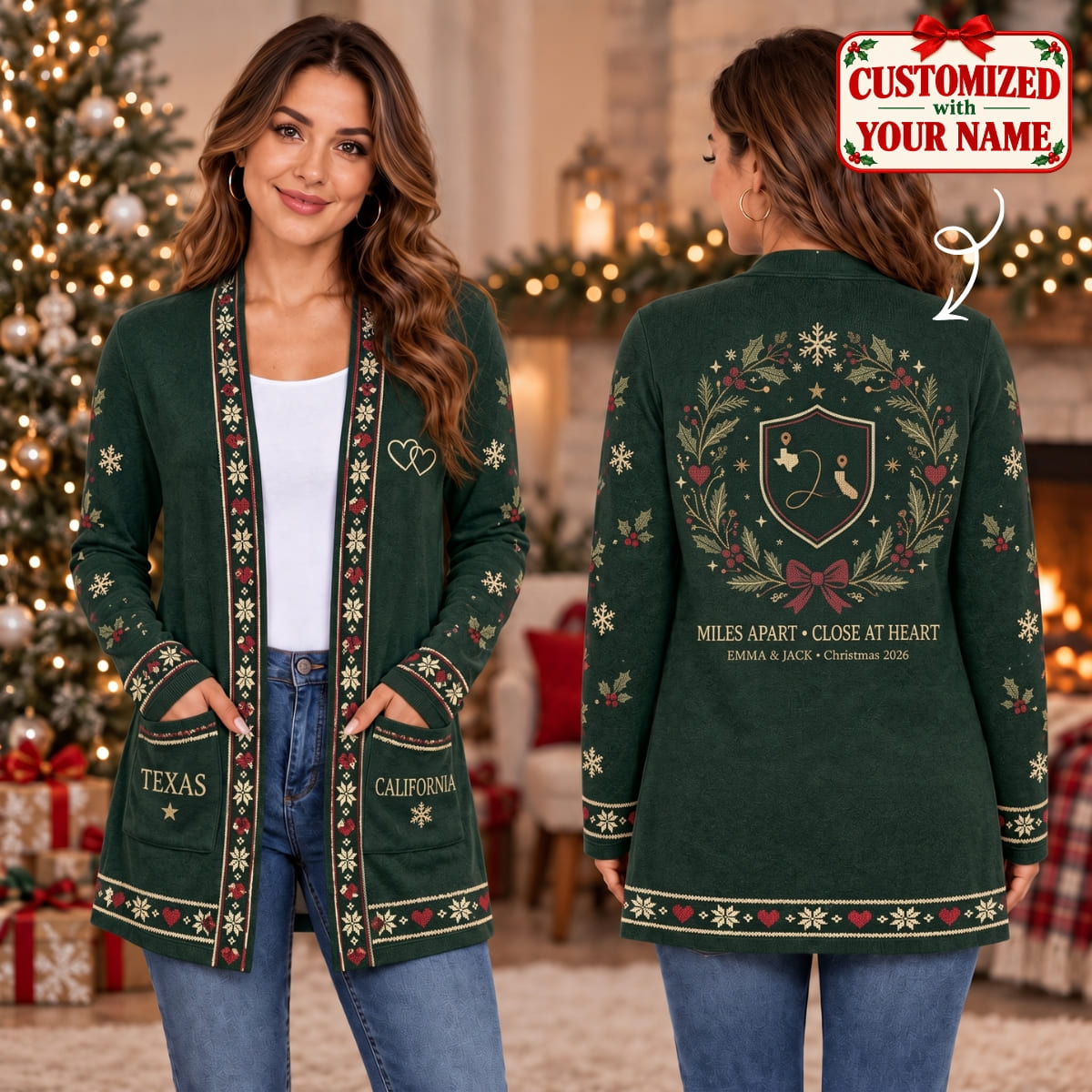 Personalized Couples Miles Apart - Close At Heart Christmas Long Sleeve Cardigan - Custom Name | Christmas Gift | CDG01 Couples