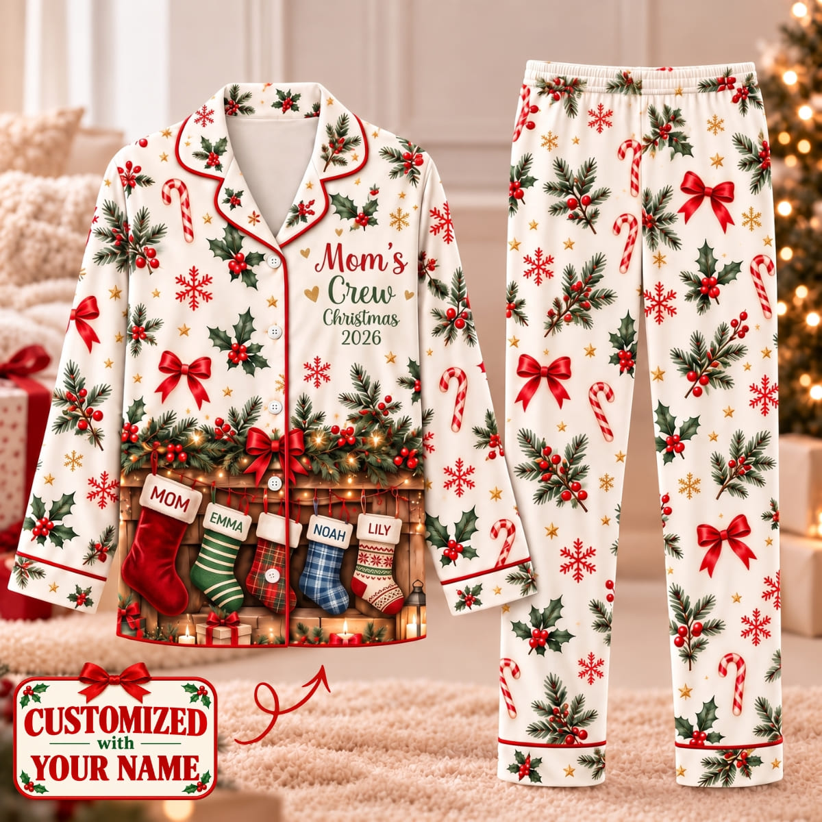Personalized Mom's Christmas Crew Long Pajama Set - Custom Name | Christmas Gift | PYM01 Family