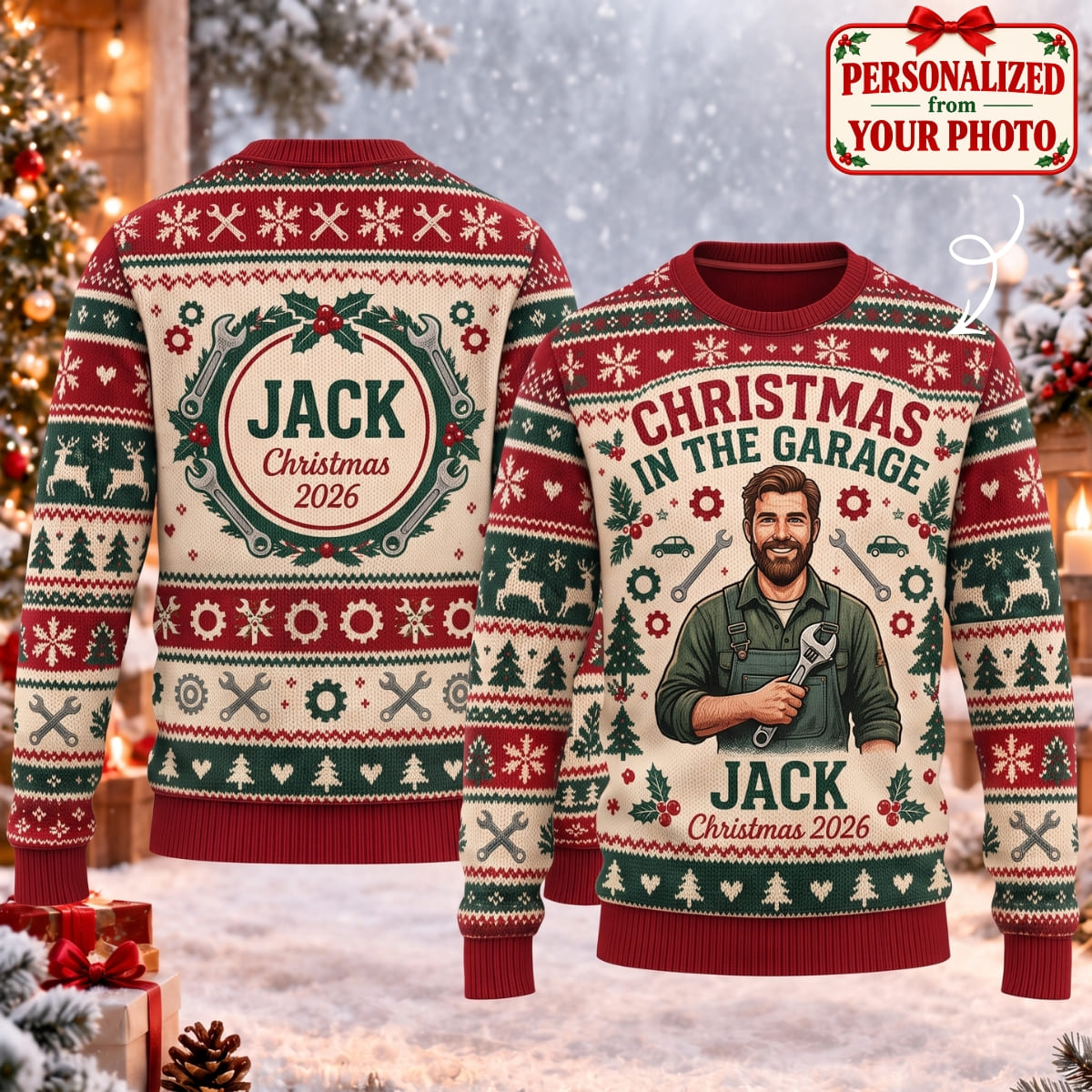 Personalized Christmas In The Garage Ugly Sweater - Custom Photo & Names | Christmas Gift | UGS01 Occupations
