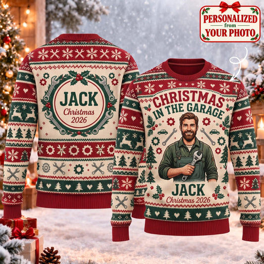 Personalized Christmas In The Garage Ugly Sweater - Custom Photo & Names | Christmas Gift | UGS01 Occupations