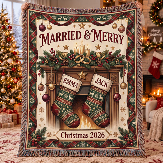 Personalized Married & Merry Christmas Woven Blanket - Custom Name | Christmas Gift | WBL01 Couples