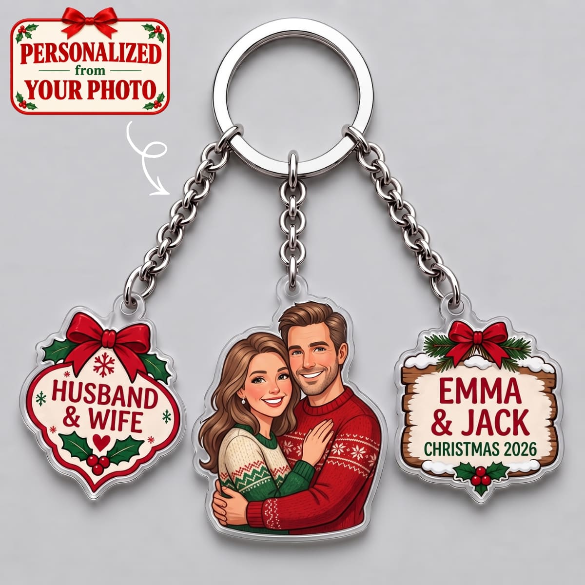 Personalized Husband & Wife Christmas Triple Charm Keychain - Custom Photo & Names | Christmas Gift | KC01 Couples