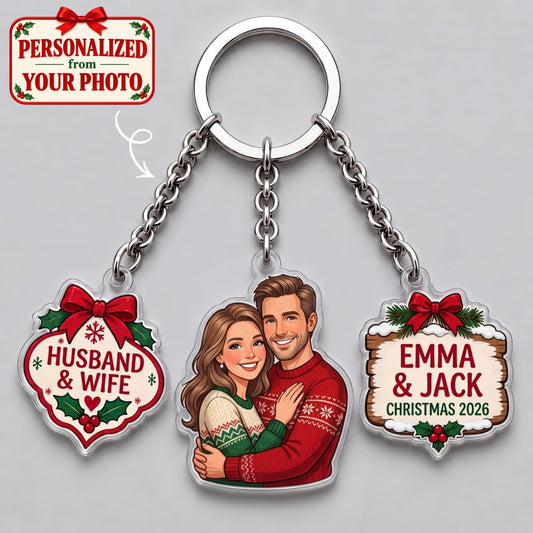 Personalized Husband & Wife Christmas Triple Charm Keychain - Custom Photo & Names | Christmas Gift | KC01 Couples