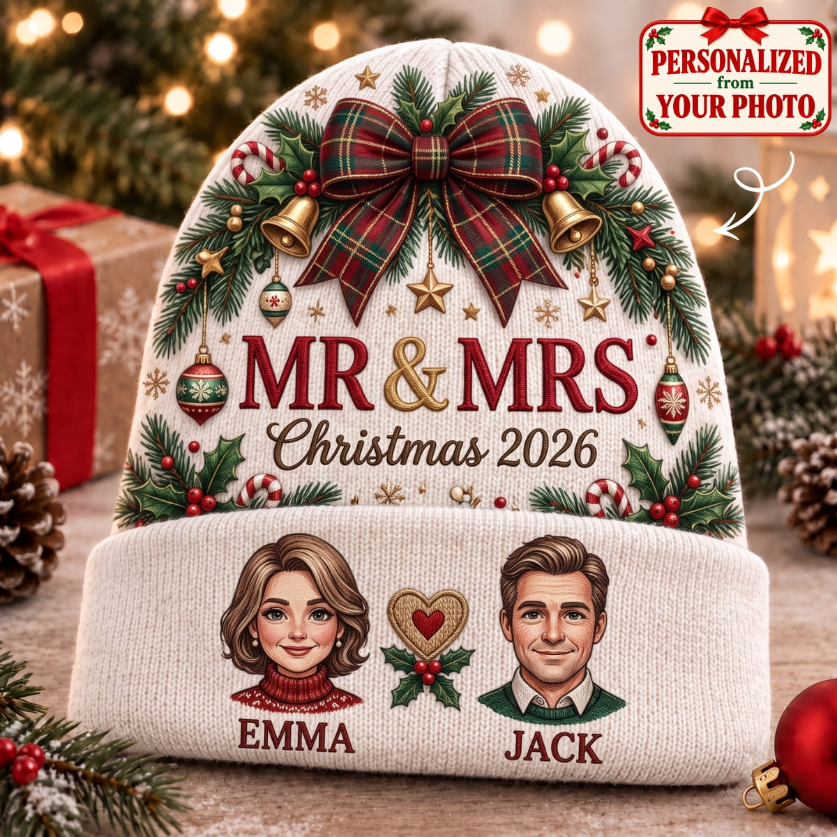 Personalized Mr & Mrs Christmas Knitted Hat - Custom Photo & Name | Christmas Gift | ML01 Couples