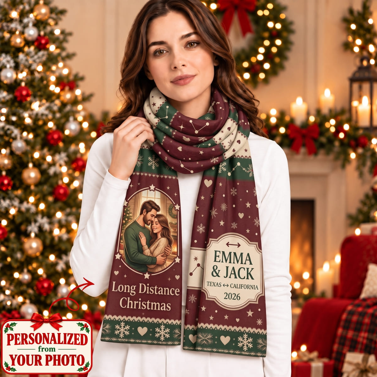 Personalized Long Distance Christmas Scarf - Custom Photo & Names | Christmas Gift | SCT01 Couples