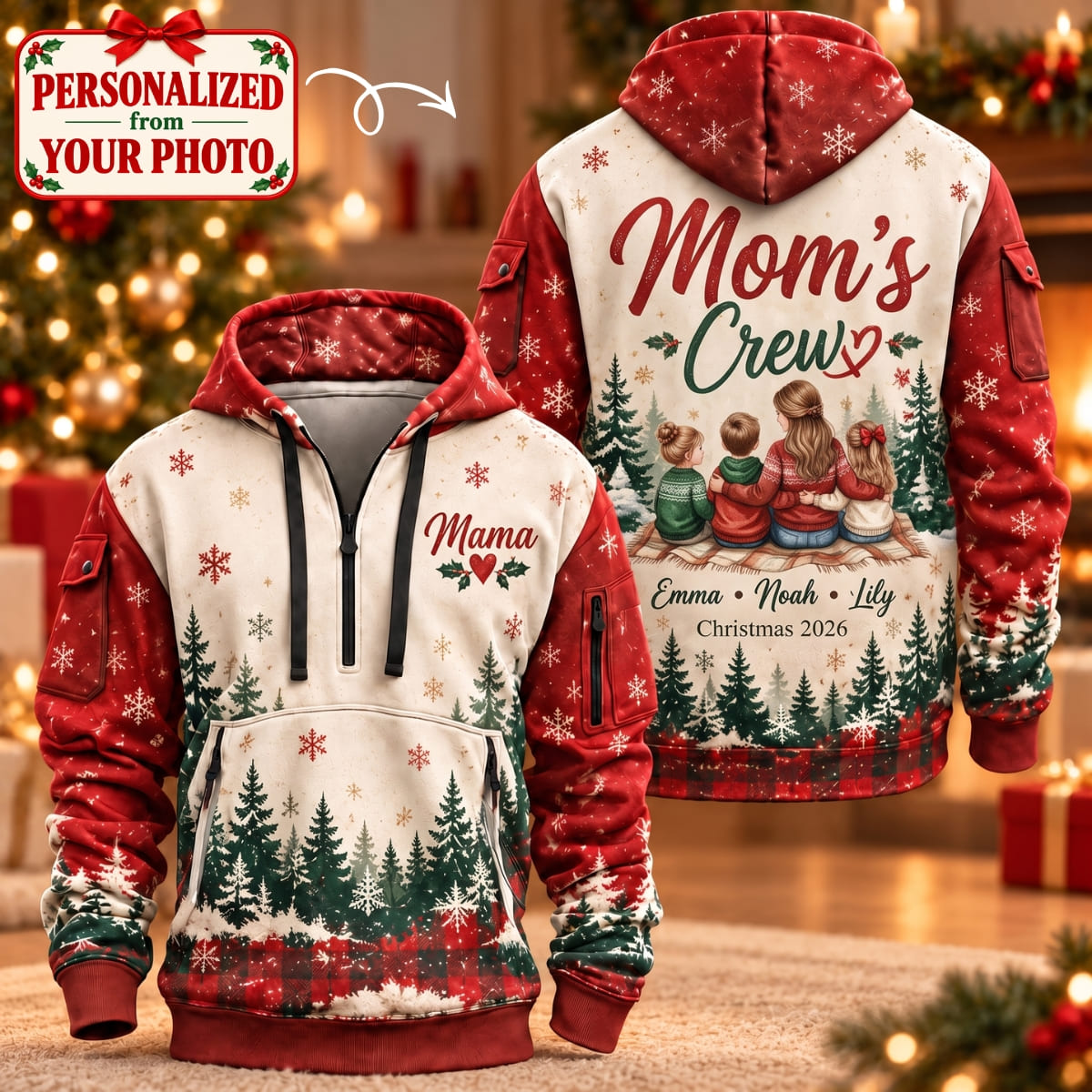 Personalized Christmas Mom's Crew Quarter Zipper Hoodie - Custom Photo & Name | Christmas Gift | HDZ01 Family