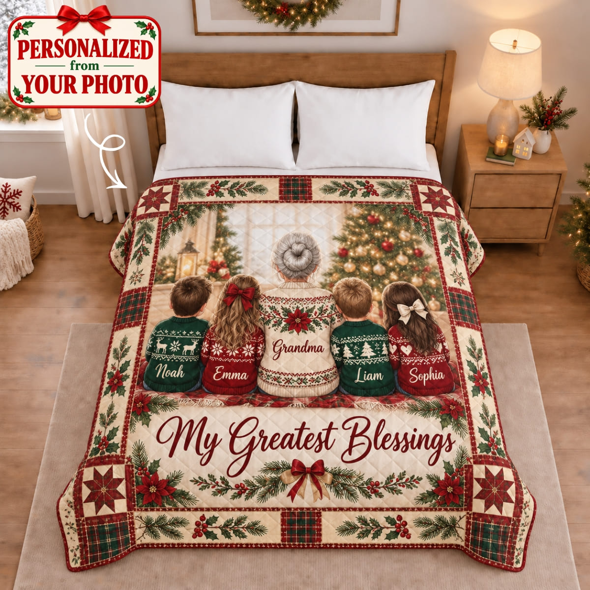 Personalized Grandma's Greatest Blessings Quilted Blanket - Custom Photo & Name | Christmas Gift | QBL01 Family