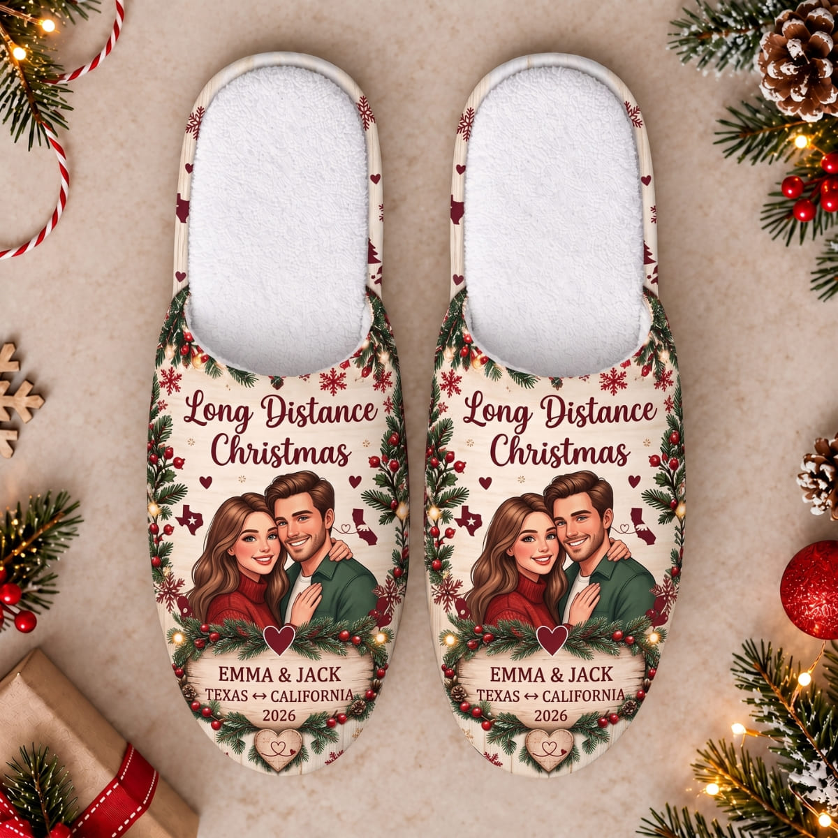 Personalized Long Distance Christmas Slippers - Custom Photo & Name | Christmas Gift | SLP01 Couples