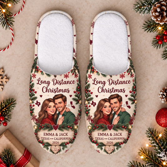 Personalized Long Distance Christmas Slippers - Custom Photo & Name | Christmas Gift | SLP01 Couples