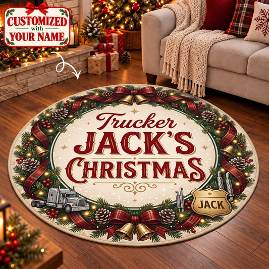 Personalized Trucker Christmas Round Rug - Custom Name | Christmas Gift | RRD01 Occupations