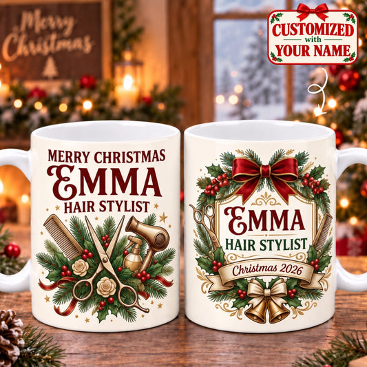 Personalized Merry Christmas Hair Stylist Mug - Custom Name | Christmas Gift | MUG01 Occupations