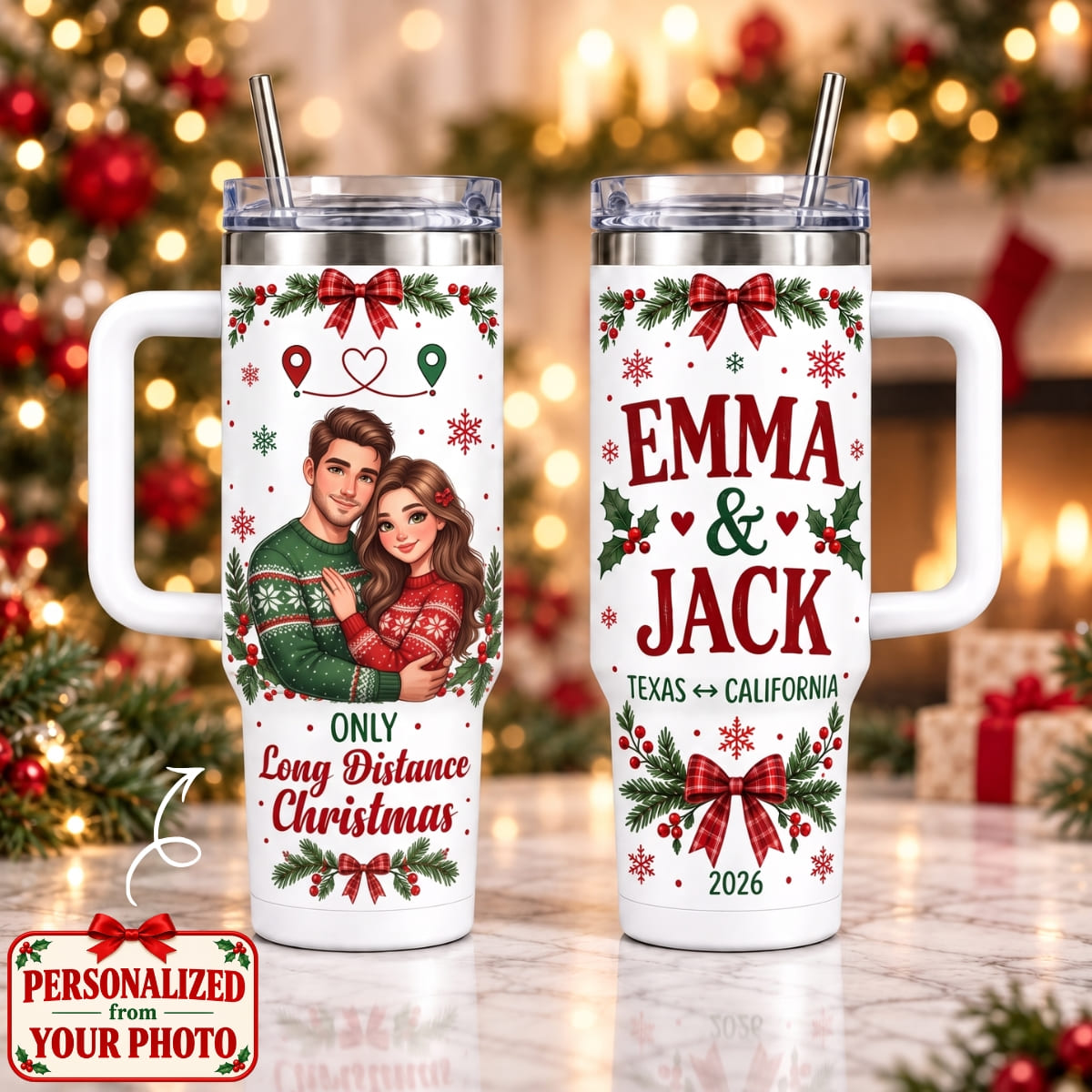 Personalized Only Long Distance Christmas 40oz Tumbler with Handle – Custom Photo & Names | Christmas Gift | TBL01 Couples