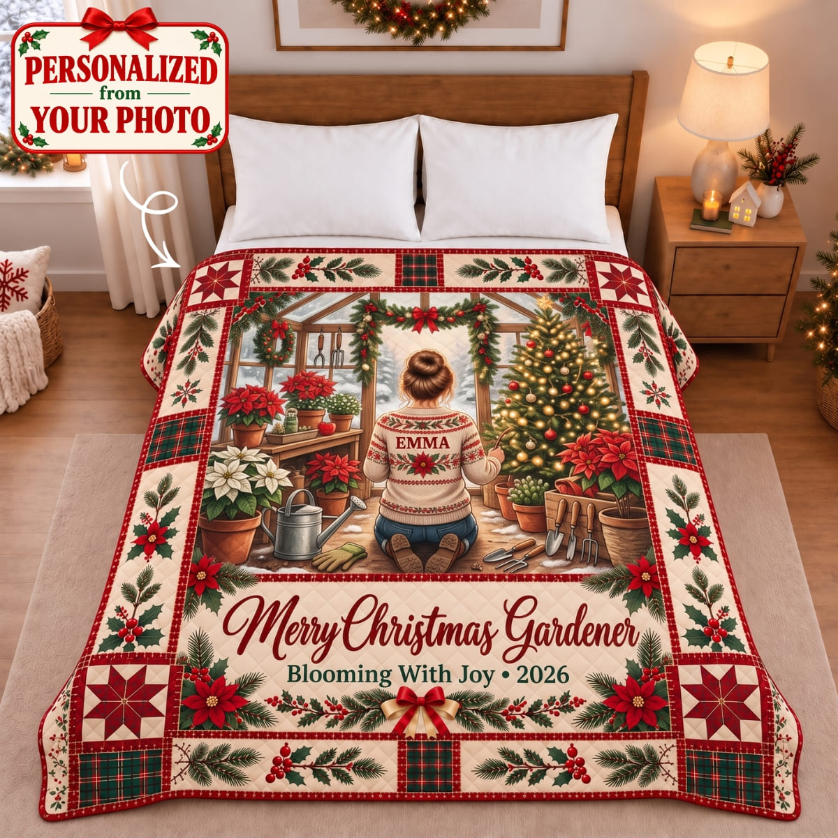 Personalized Merry Christmas Gardener Quilted Blanket - Custom Photo & Name | Christmas Gift | QBL01 Hobbies & Lifestyle