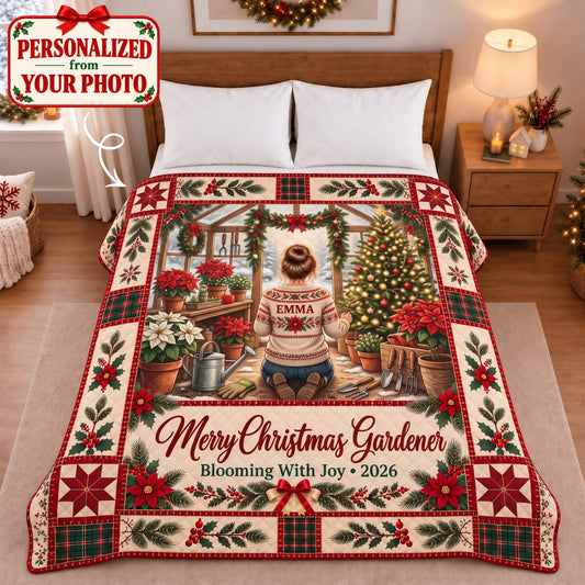 Personalized Merry Christmas Gardener Quilted Blanket - Custom Photo & Name | Christmas Gift | QBL01 Hobbies & Lifestyle
