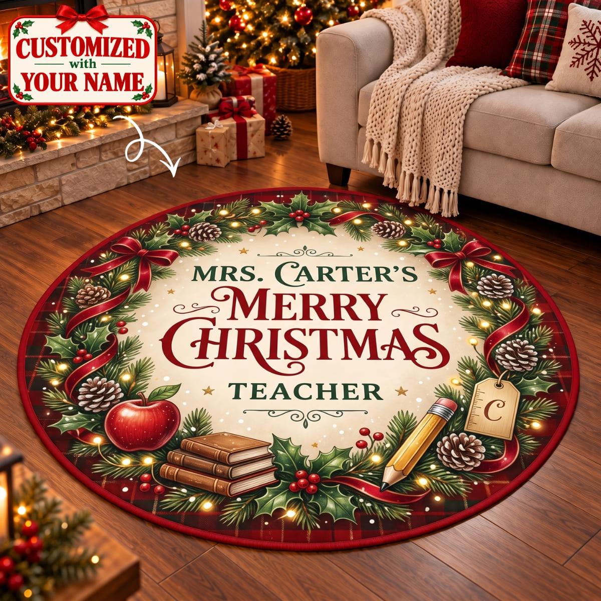 Personalized Merry Christmas Teacher Round Rug - Custom Name | Christmas Gift | RRD01 Occupations